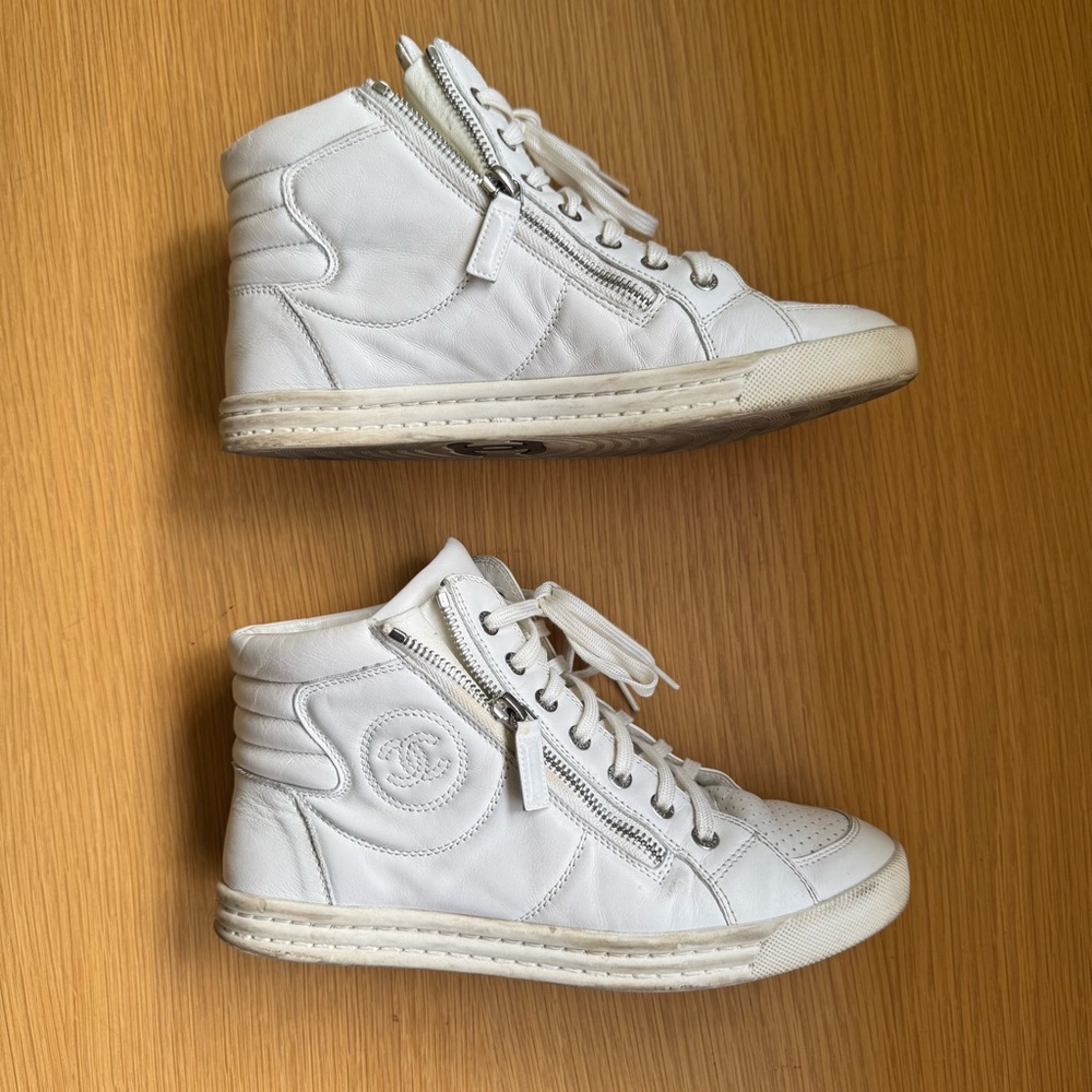 Chanel White High-Top Sneakers with CC